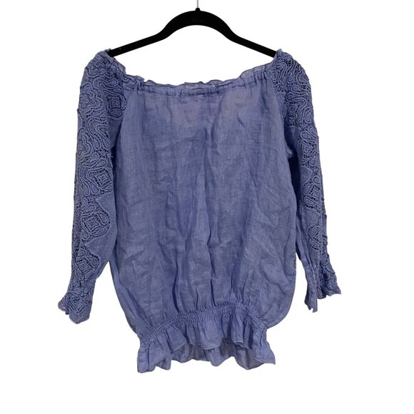 Temptation Positano Iris Blue Lace Linen Peasant‎ Blouse Size S - Picture 8 of 10